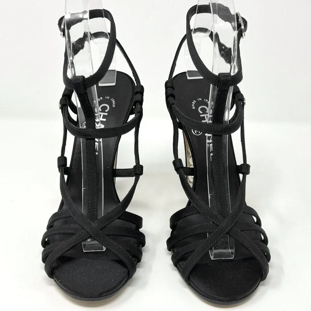 Chanel Pearl Heel‎ Grosgrain Gladiator Sandals Black 37.5